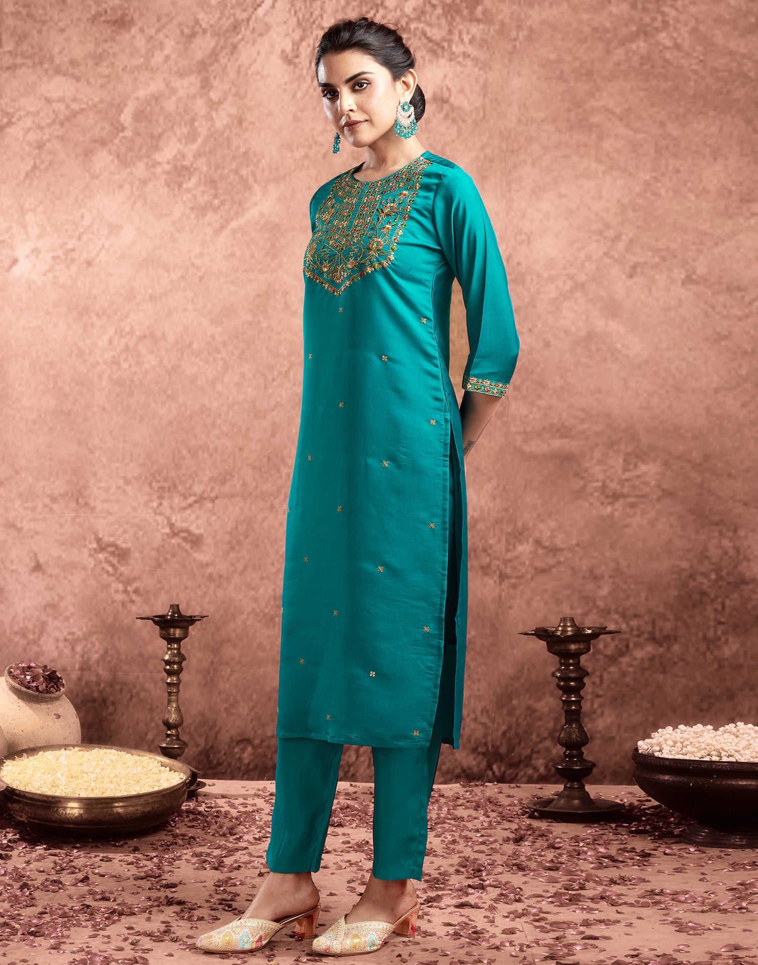 Teal Green Silk Embroidery Straight Kurta Set  With Dupatta