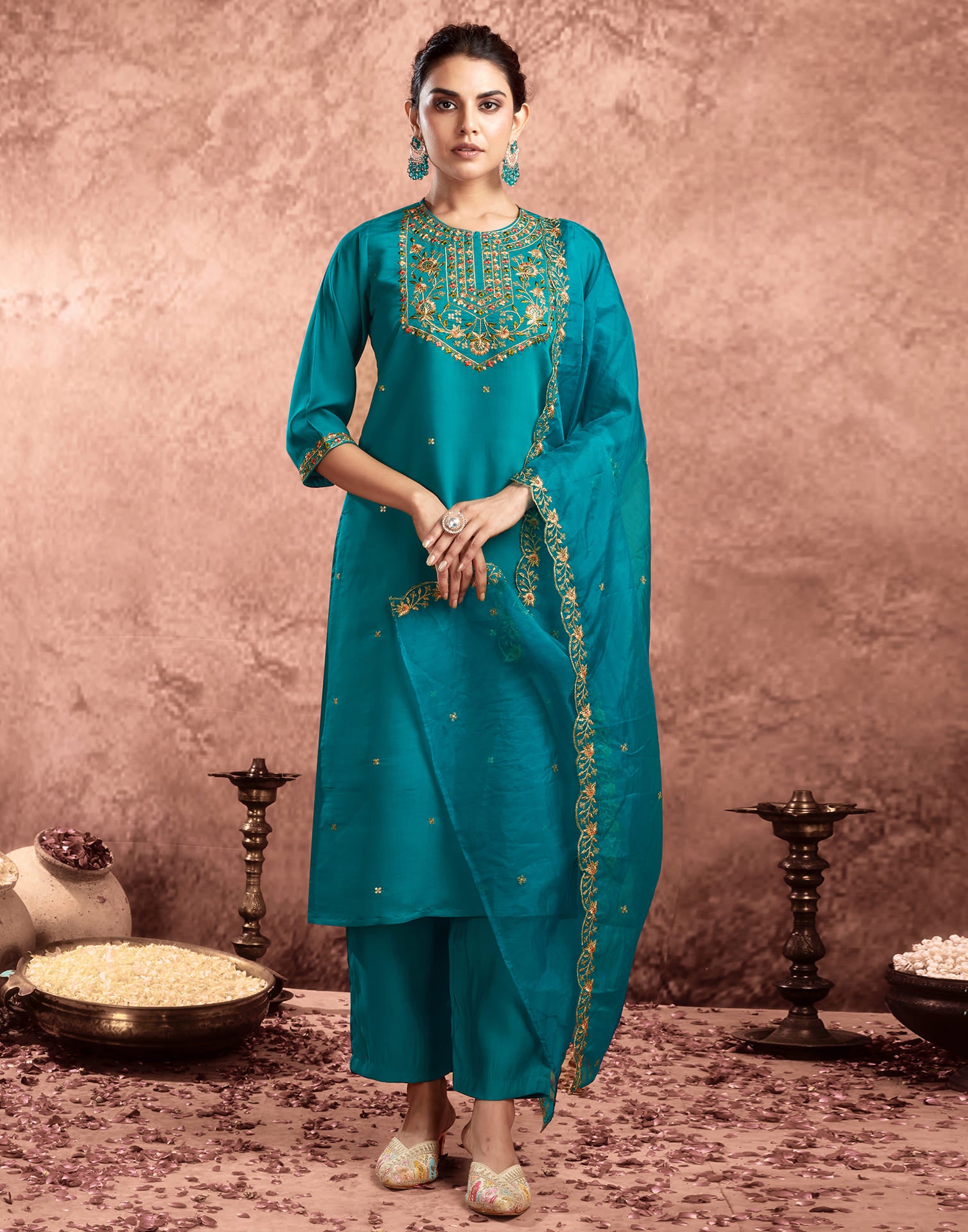 Teal Green Silk Embroidery Straight Kurta Set  With Dupatta