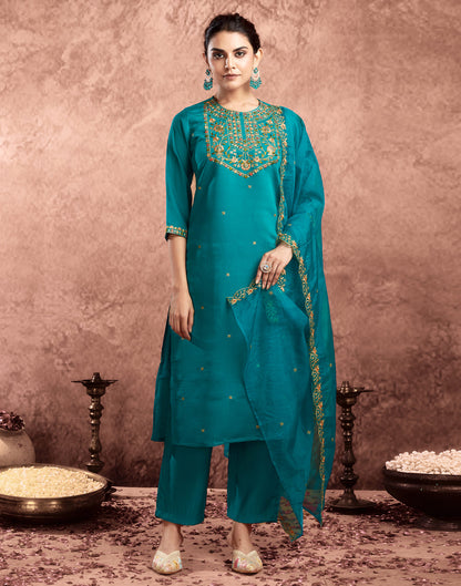 Teal Green Silk Embroidery Straight Kurta Set  With Dupatta