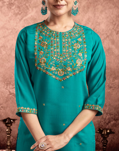 Teal Green Silk Embroidery Straight Kurta Set  With Dupatta