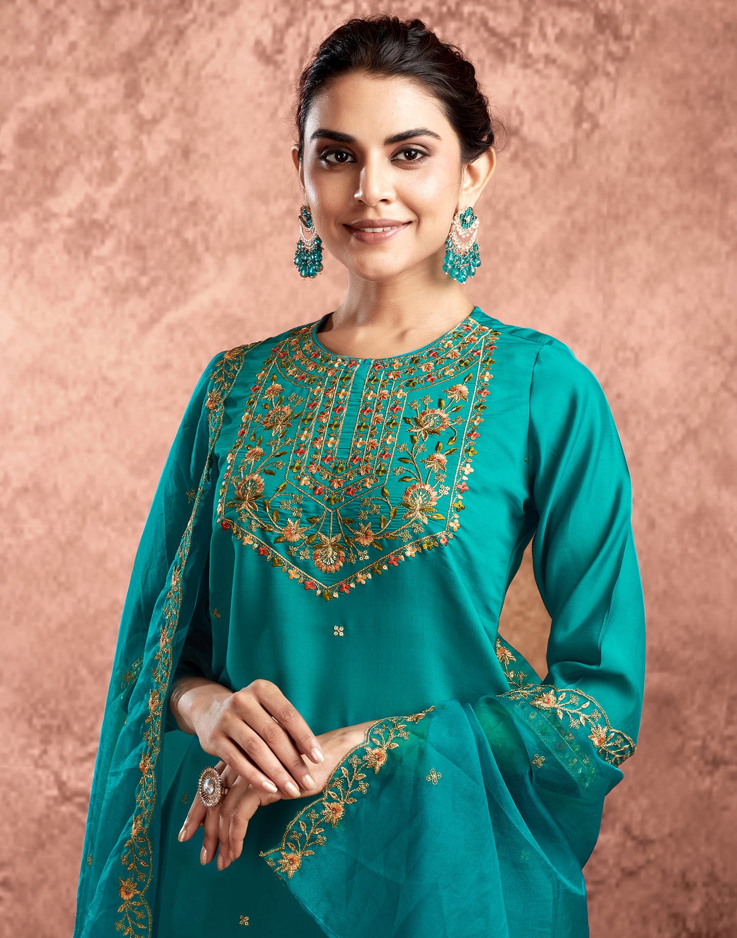 Teal Green Silk Embroidery Straight Kurta Set  With Dupatta