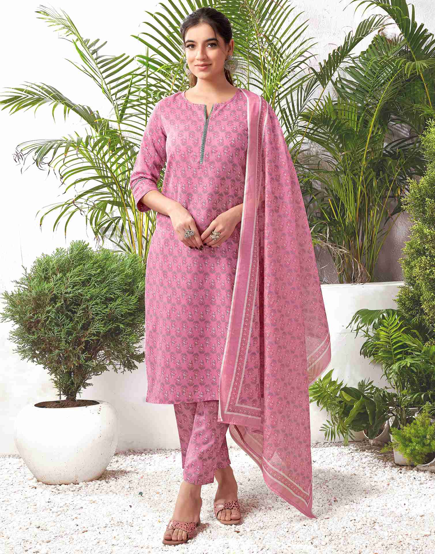 Dusty Pink Cotton Printed Straight Kurta Set With Dupatta