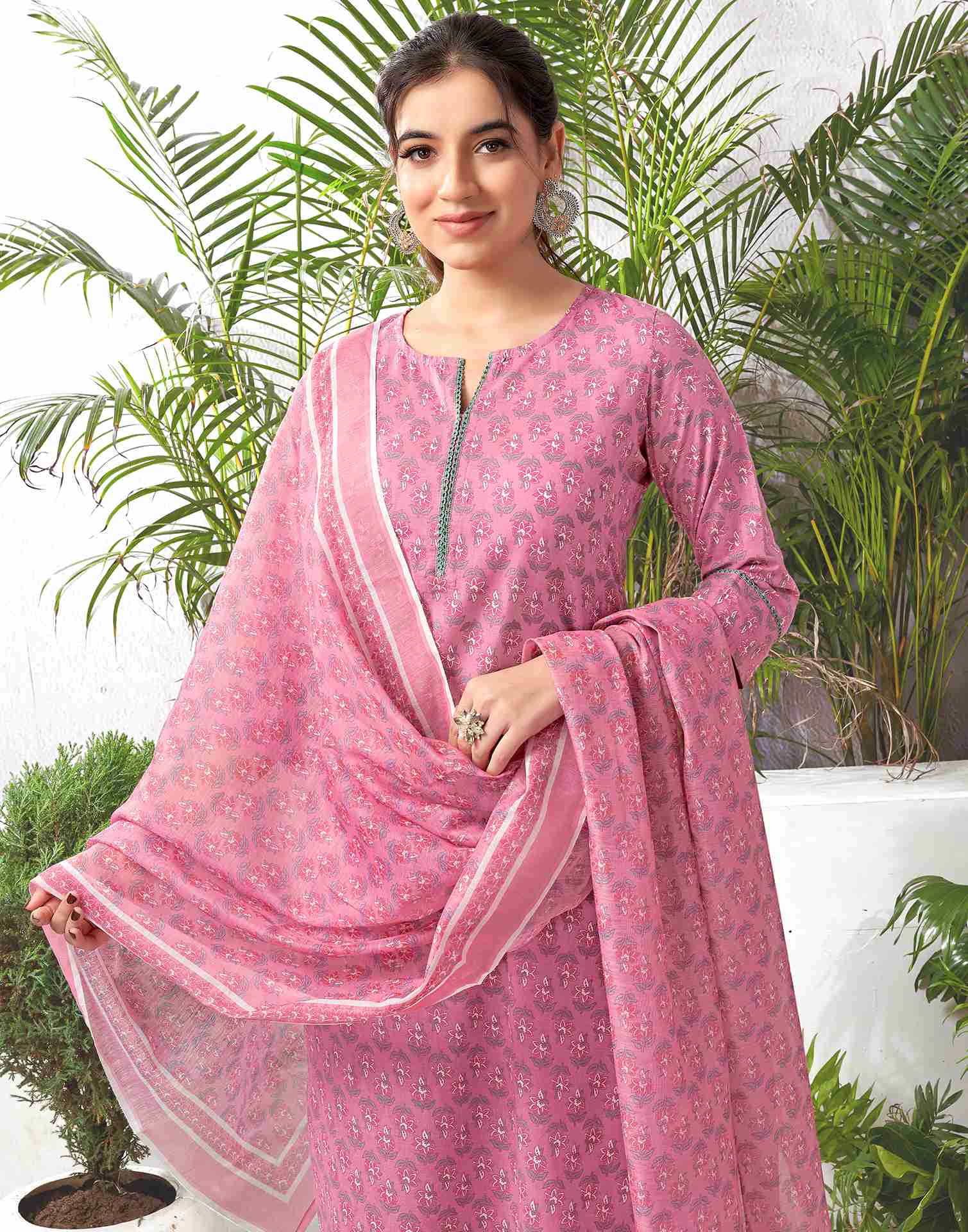 Dusty Pink Cotton Printed Straight Kurta Set With Dupatta