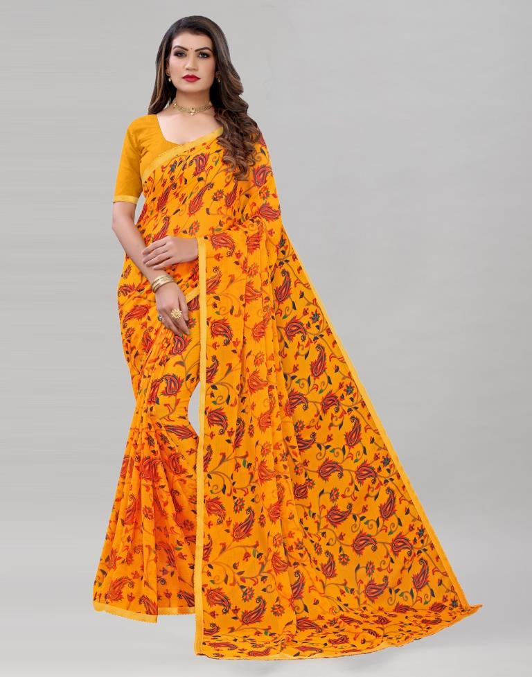 Turmeric Yellow Printed Chiffon Saree | Sudathi