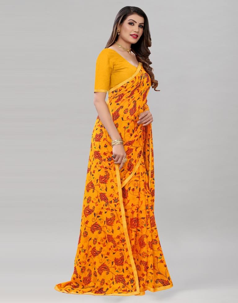 Turmeric Yellow Printed Chiffon Saree | Sudathi