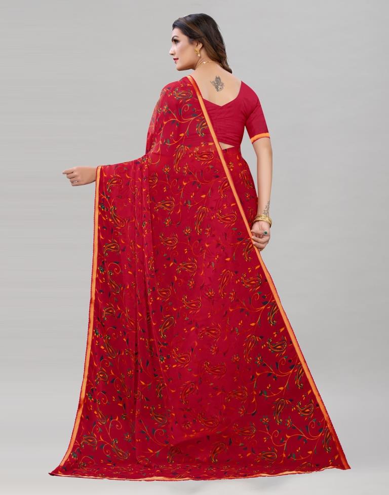 Red Printed Chiffon Saree | Sudathi