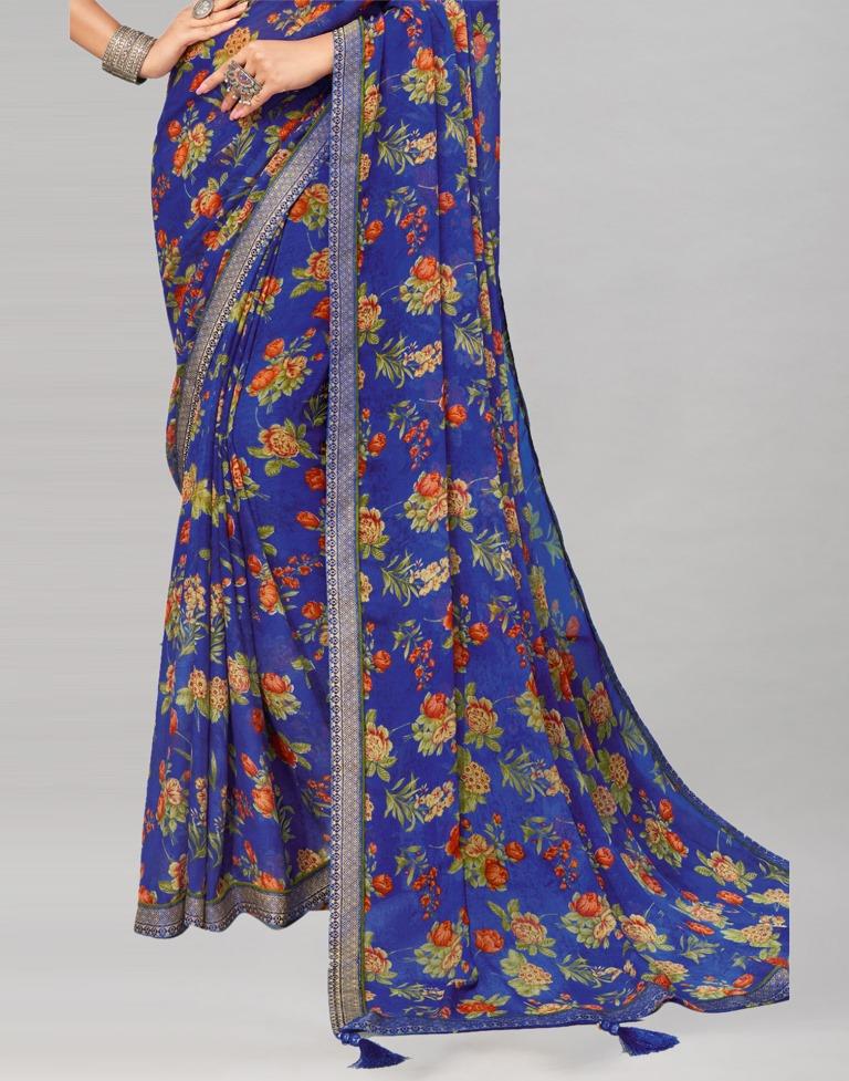 Royal Blue Printed Chiffon Saree | Sudathi