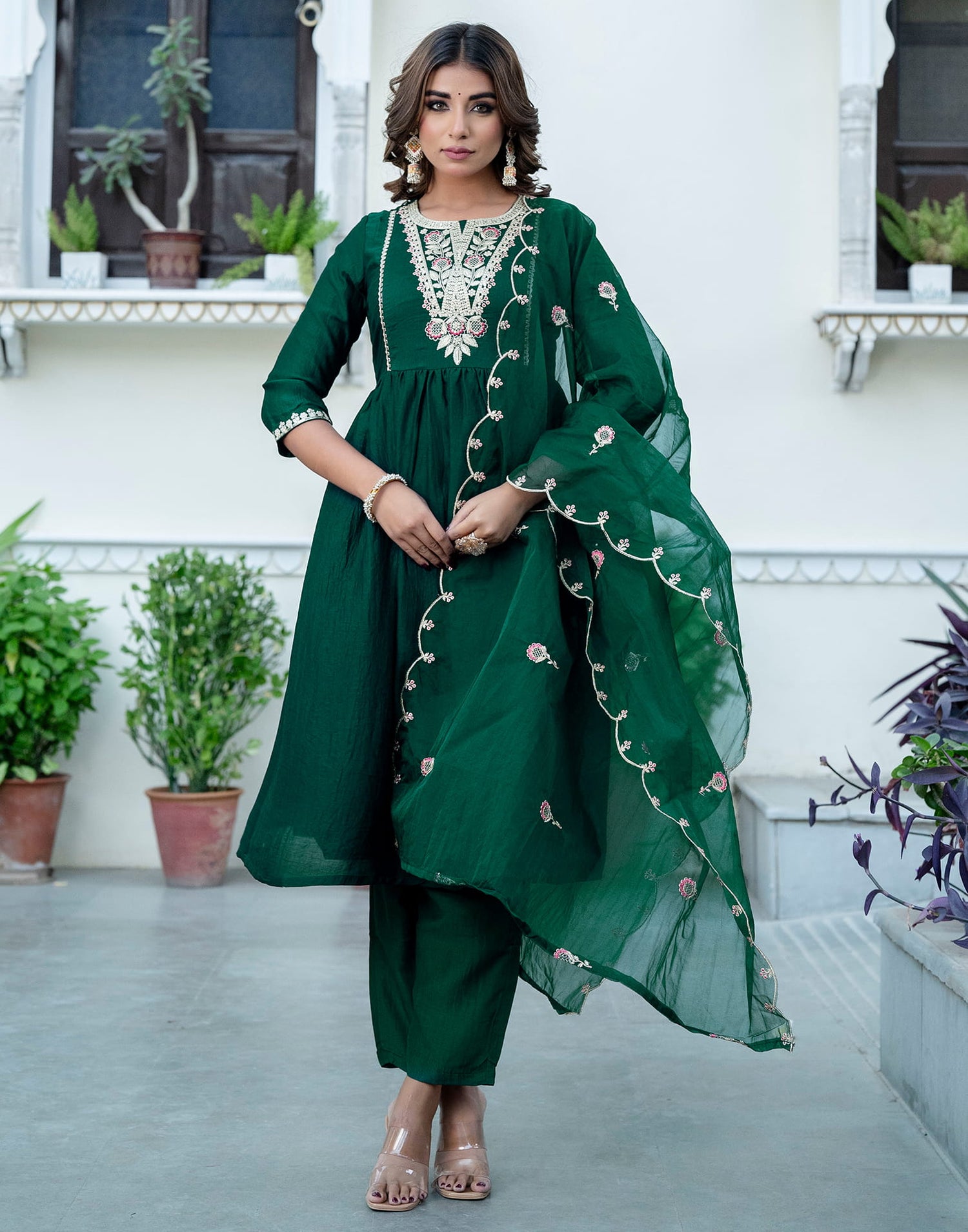 Dark Green Silk Embroidery A-Line Kurta Set With Dupatta