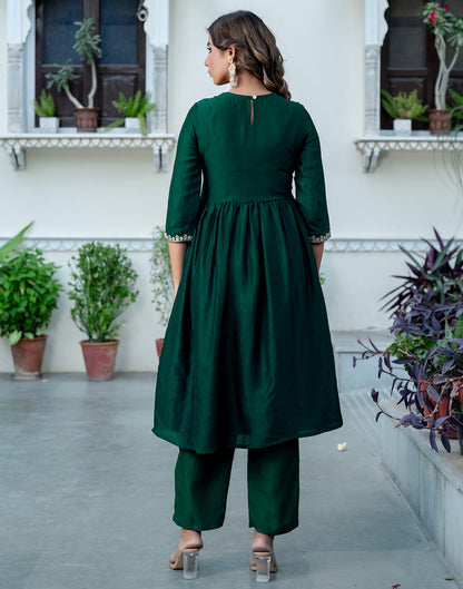 Dark Green Silk Embroidery A-Line Kurta Set With Dupatta