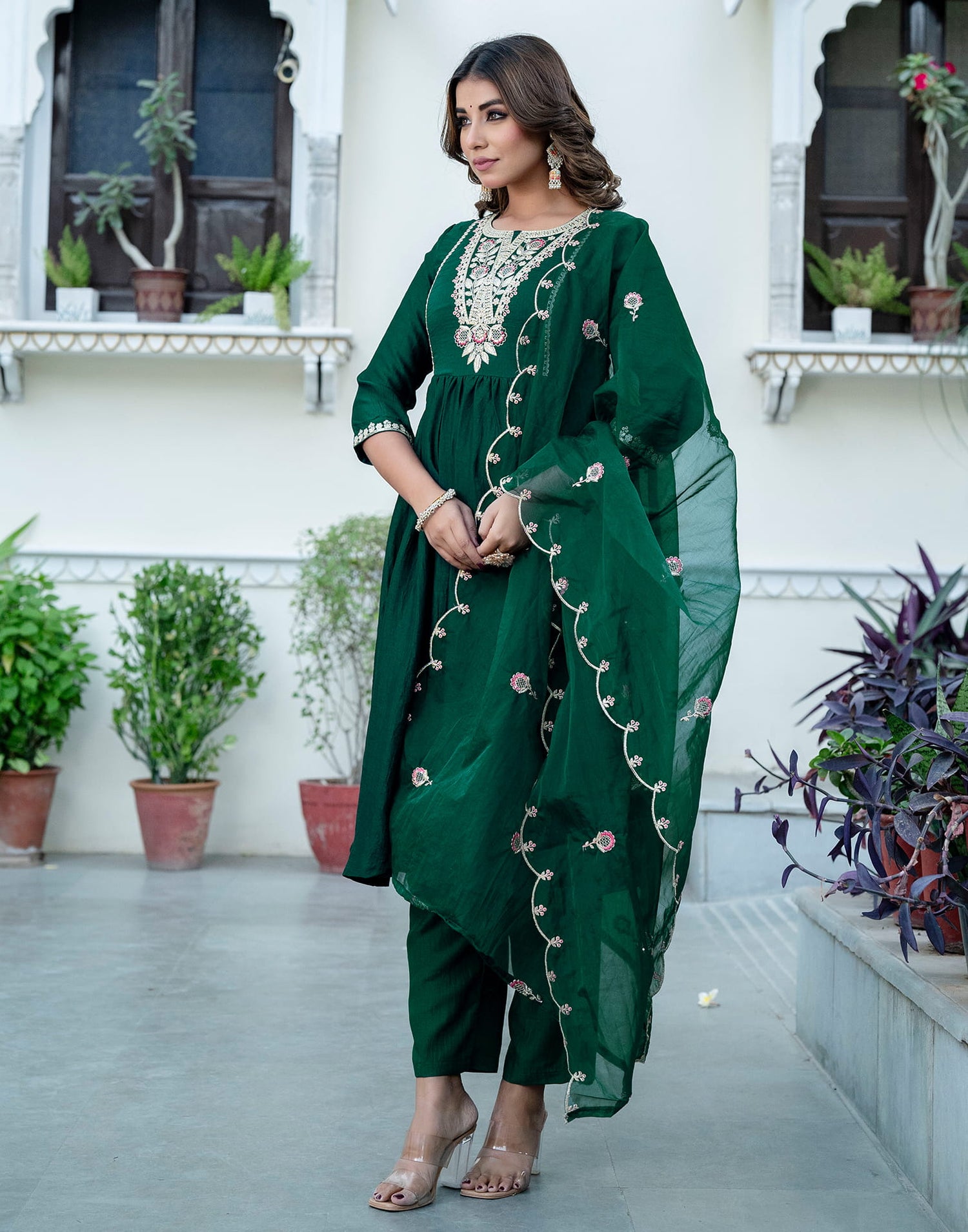 Dark Green Silk Embroidery A-Line Kurta Set With Dupatta