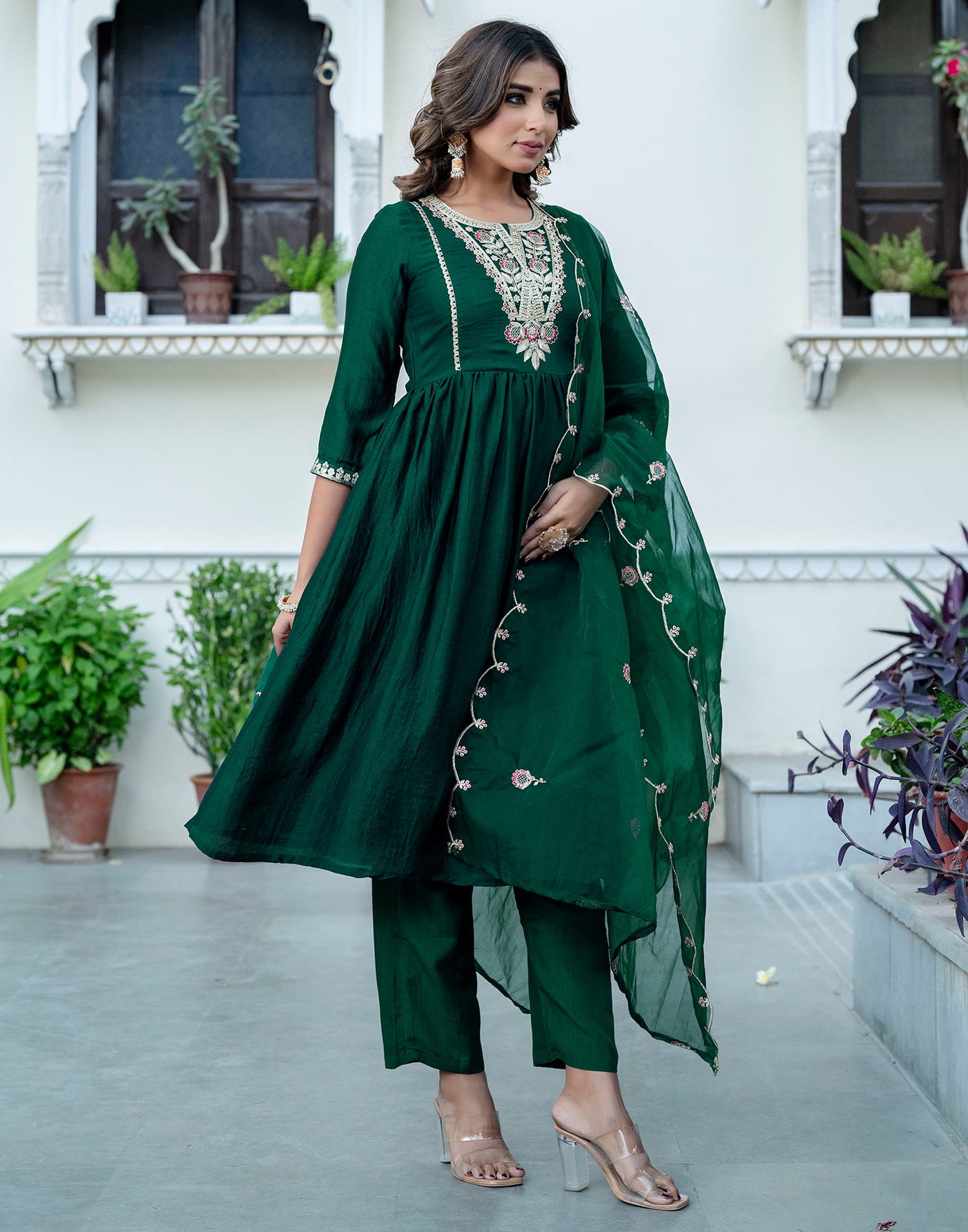 Dark Green Silk Embroidery A-Line Kurta Set With Dupatta