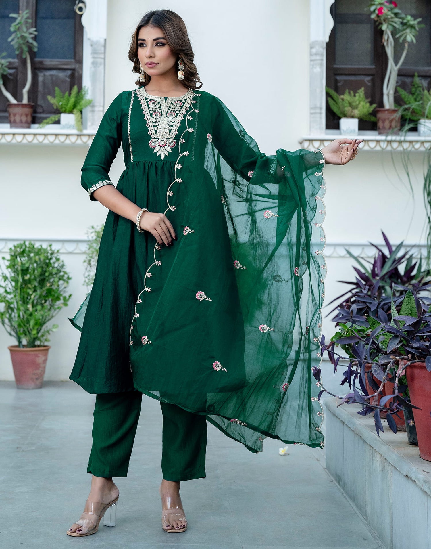 Dark Green Silk Embroidery A-Line Kurta Set With Dupatta