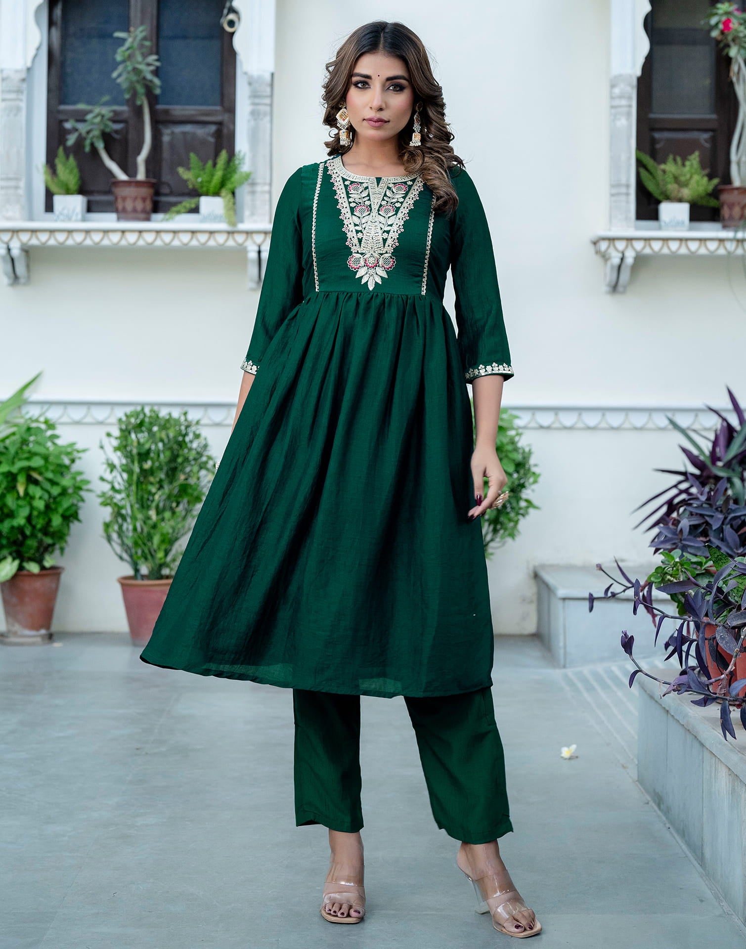 Dark Green Silk Embroidery A-Line Kurta Set With Dupatta