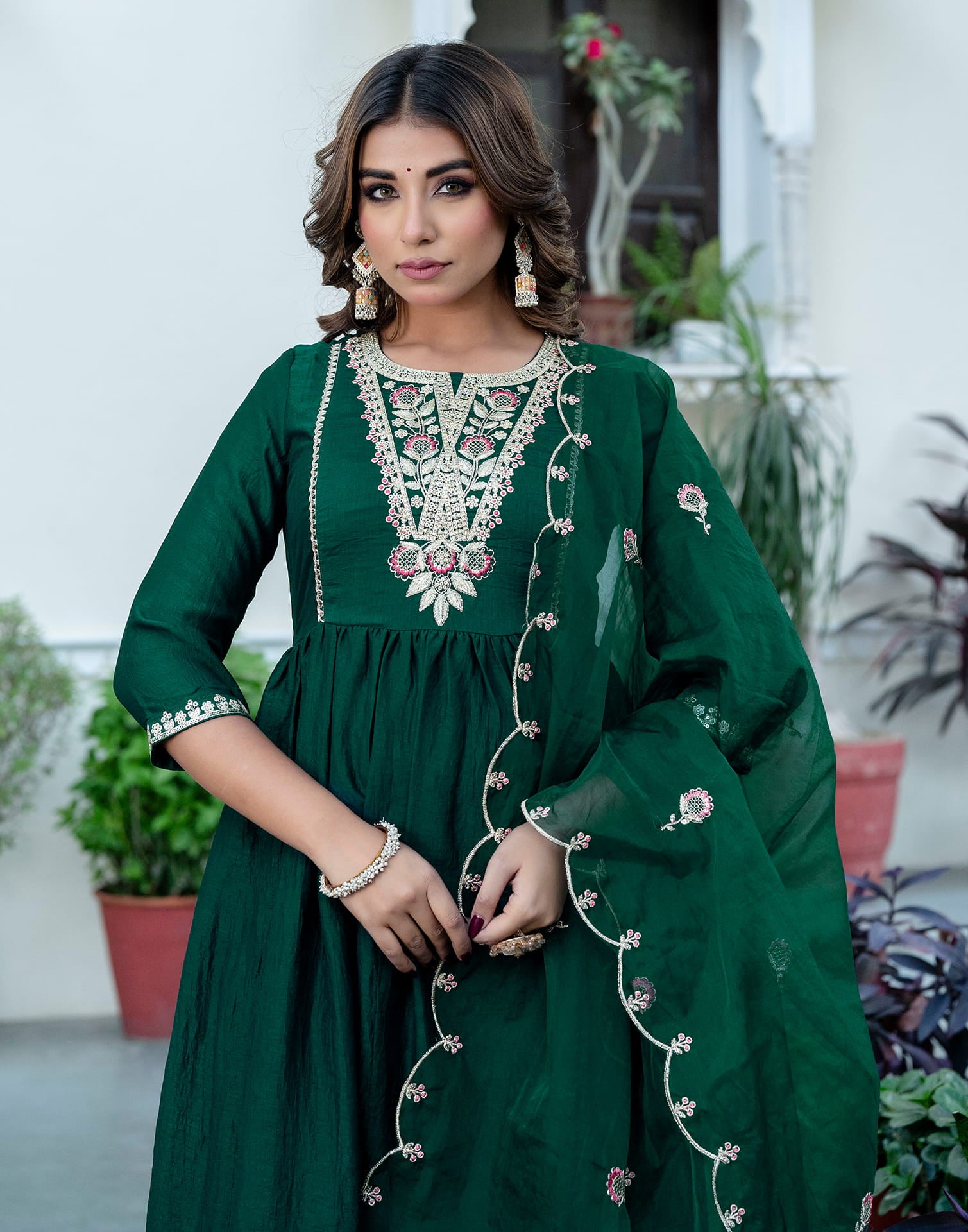 Dark Green Silk Embroidery A-Line Kurta Set With Dupatta