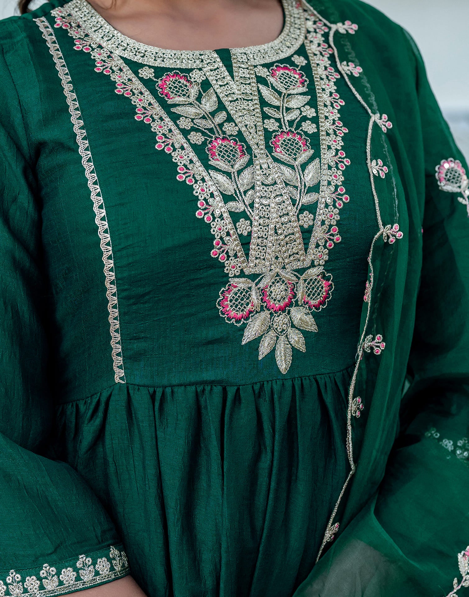 Dark Green Silk Embroidery A-Line Kurta Set With Dupatta