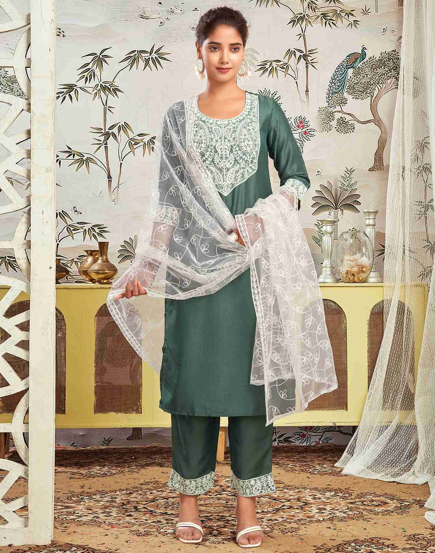 Moss Green Chinnon Embroidery Straight Kurta Set With Dupatta