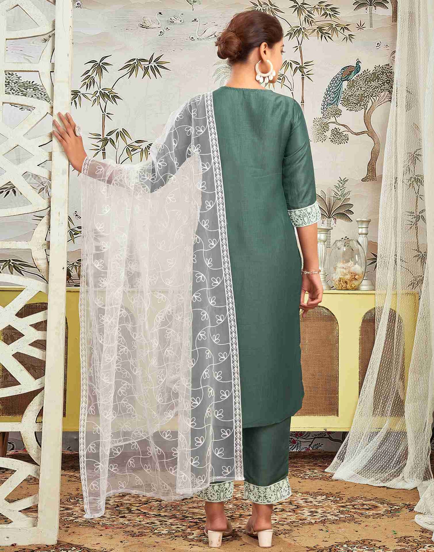 Moss Green Chinnon Embroidery Straight Kurta Set With Dupatta