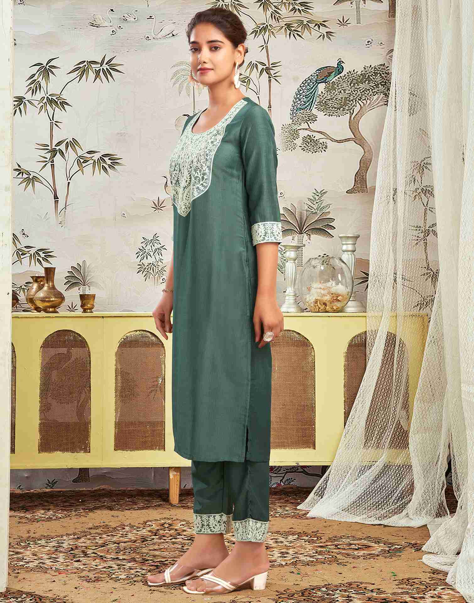 Moss Green Chinnon Embroidery Straight Kurta Set With Dupatta