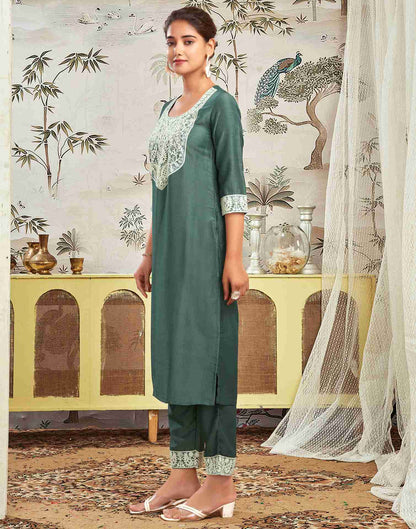 Moss Green Chinnon Embroidery Straight Kurta Set With Dupatta