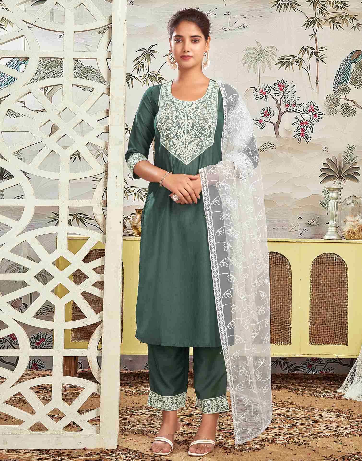 Moss Green Chinnon Embroidery Straight Kurta Set With Dupatta