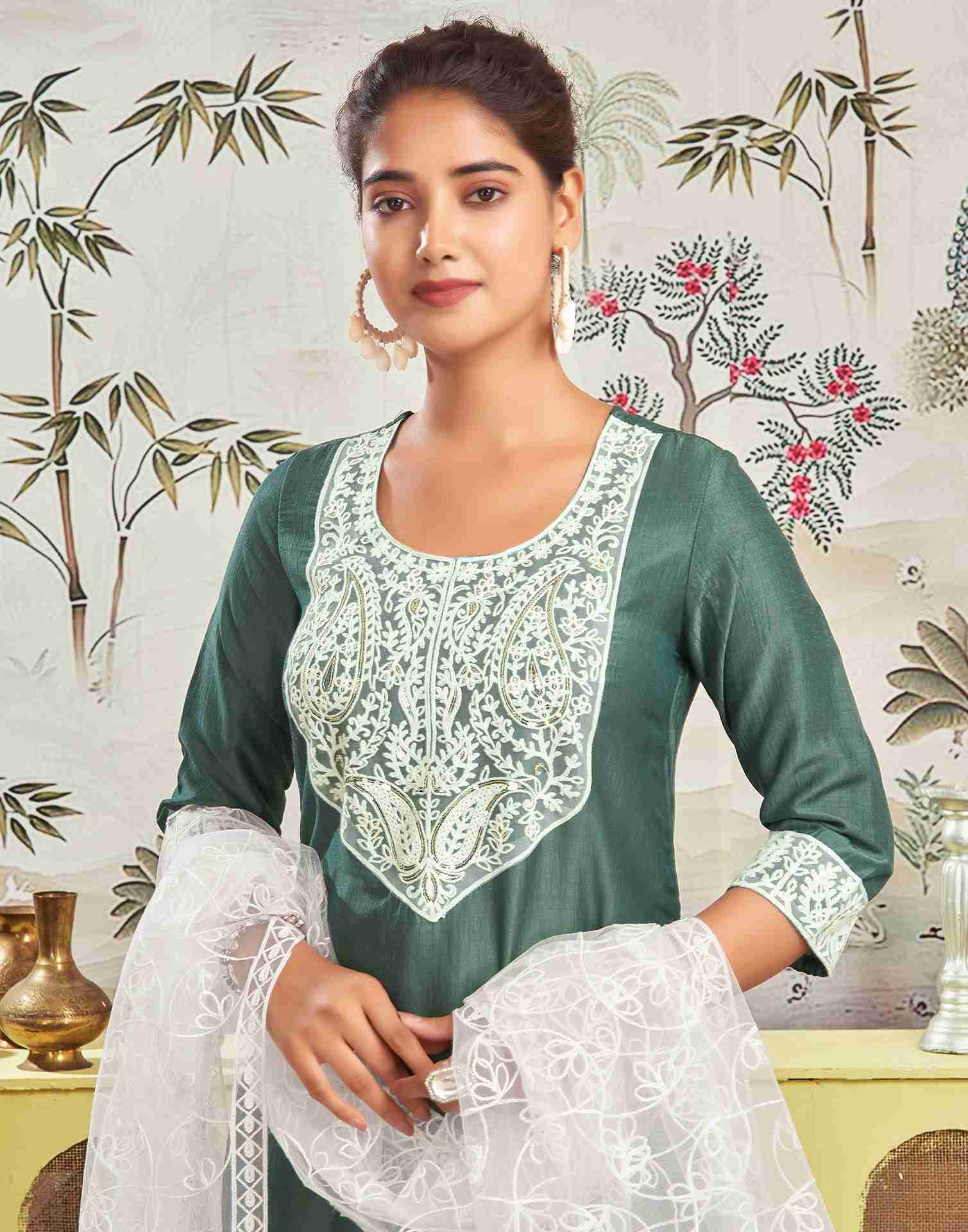 Moss Green Chinnon Embroidery Straight Kurta Set With Dupatta