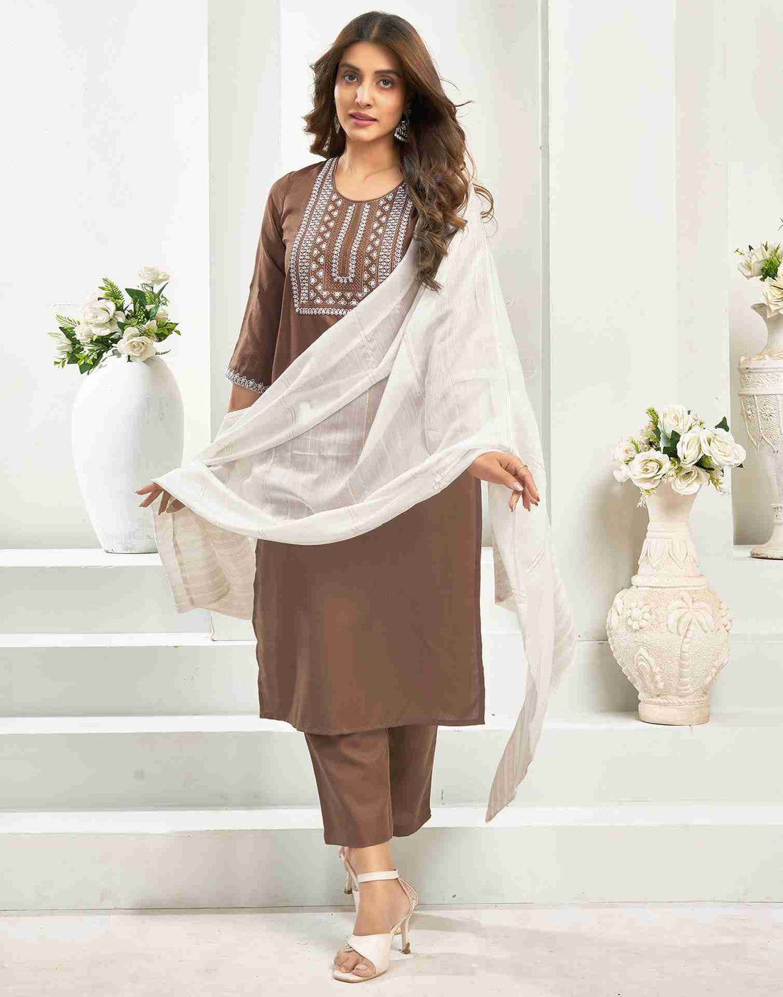 Brown Cotton Embroidery Straight Kurta Set With Dupatta