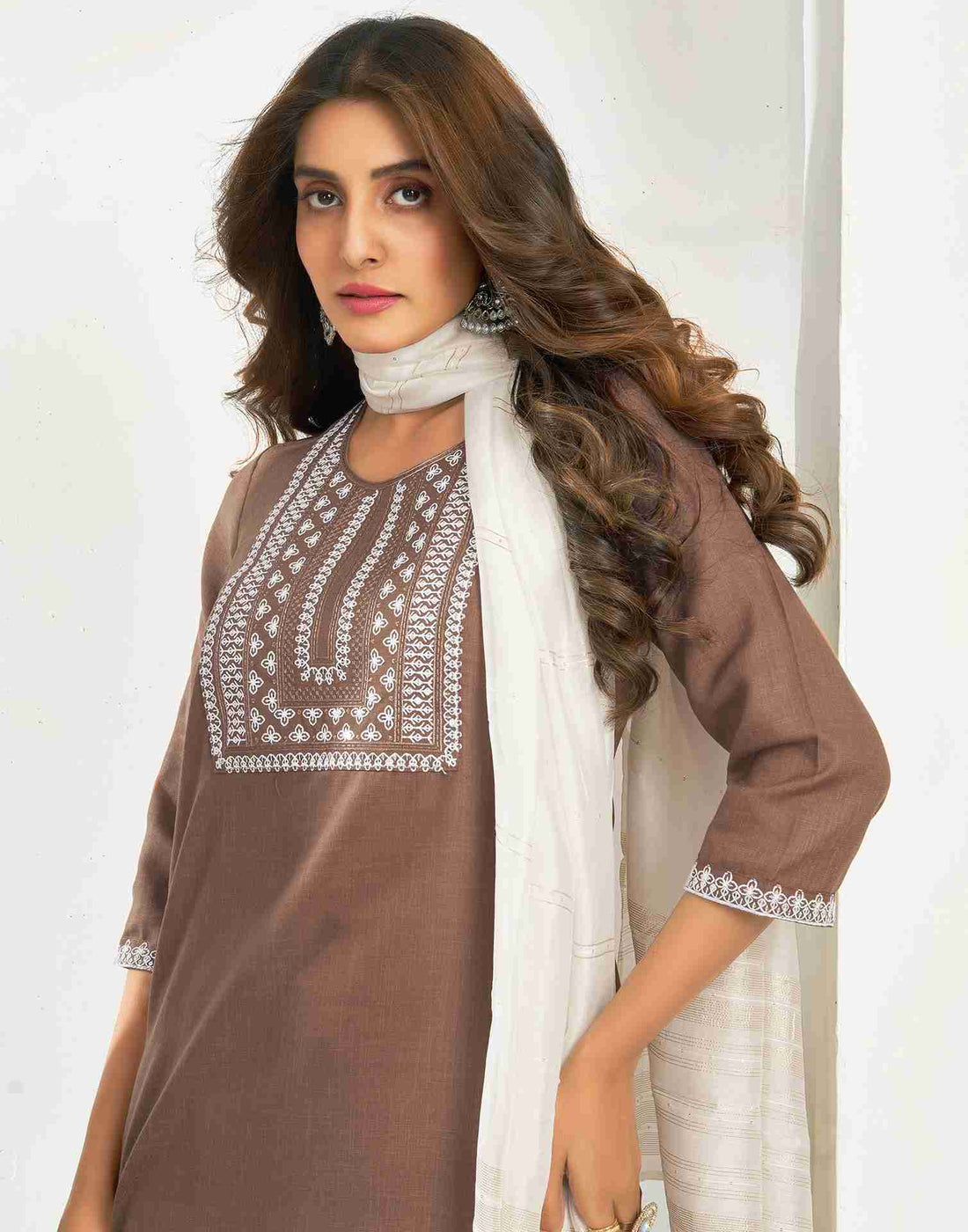 Brown Cotton Embroidery Straight Kurta Set With Dupatta