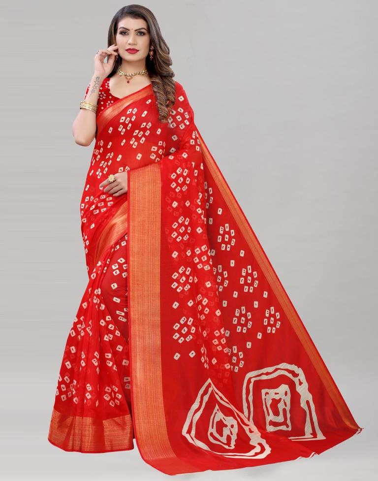 Red Cotton Bandhani Printed Saree | Sudathi