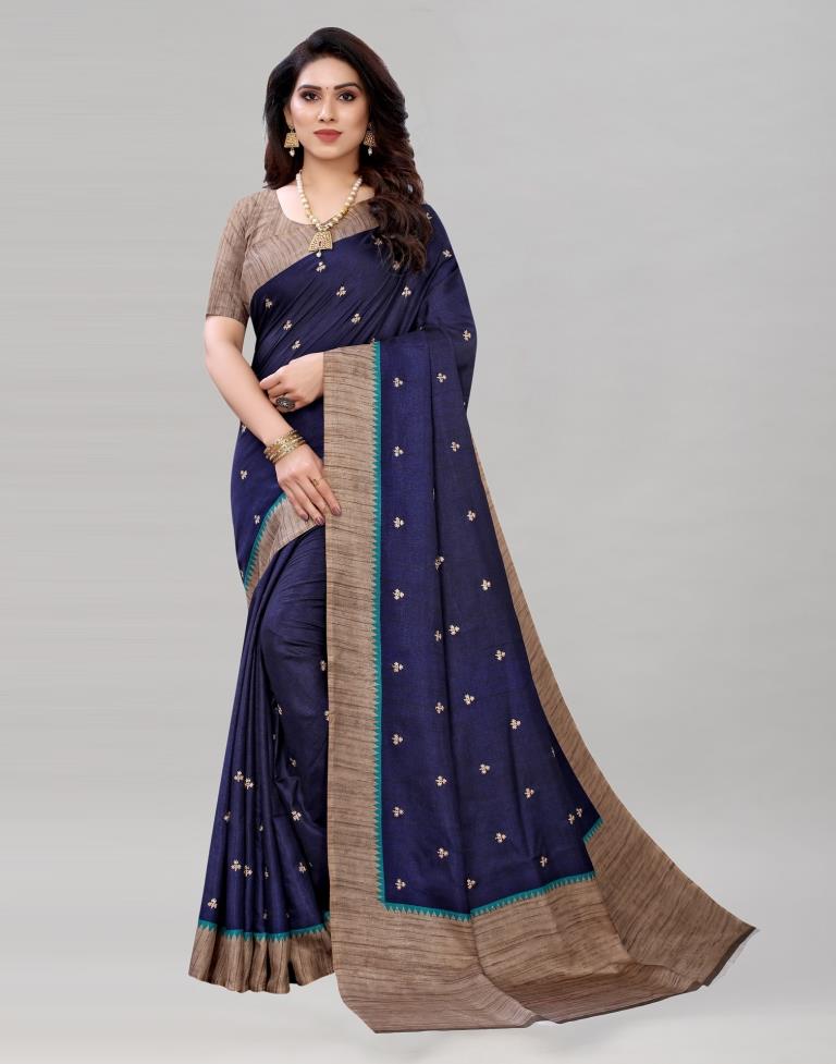 Navy Blue Embroidered Silk Saree | Sudathi