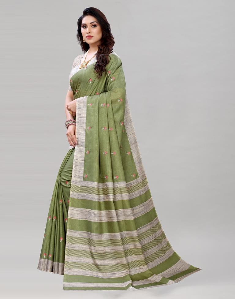 Olive Green Embroidered Silk Saree | Sudathi