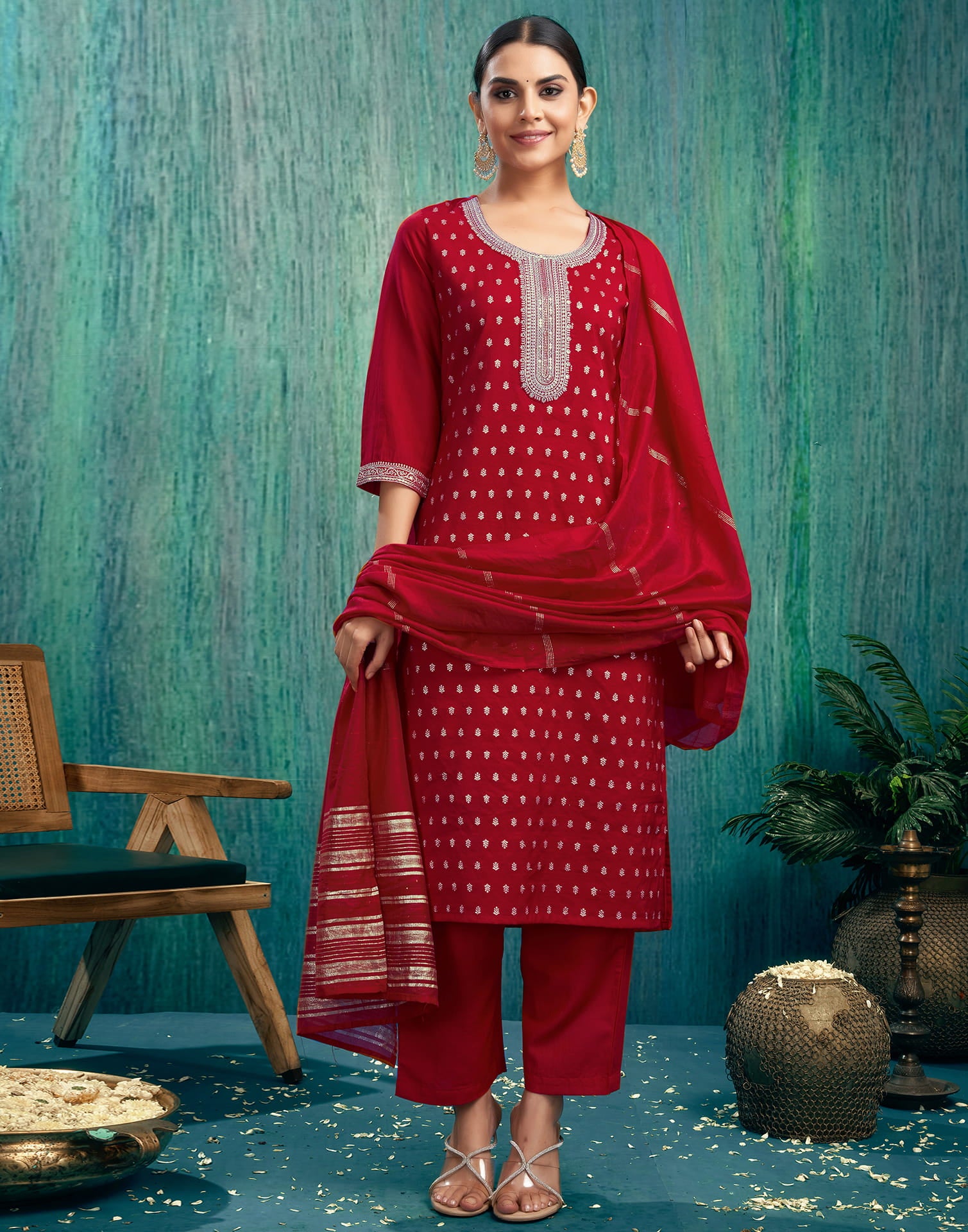 Red Silk Woven Straight Kurta Set With Dupatta