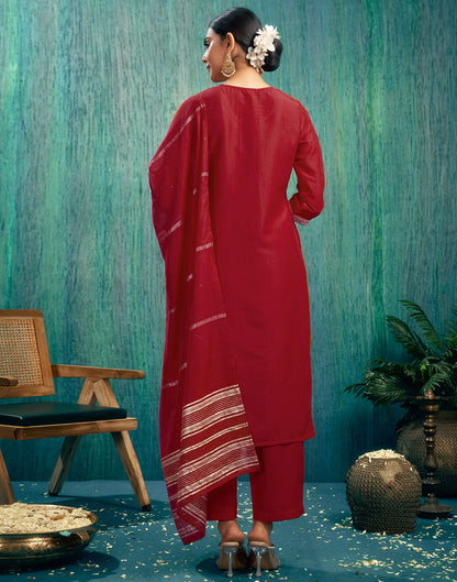 Red Silk Woven Straight Kurta Set With Dupatta