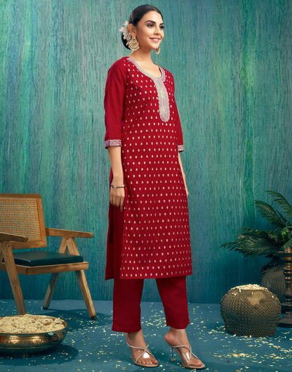 Red Silk Woven Straight Kurta Set With Dupatta