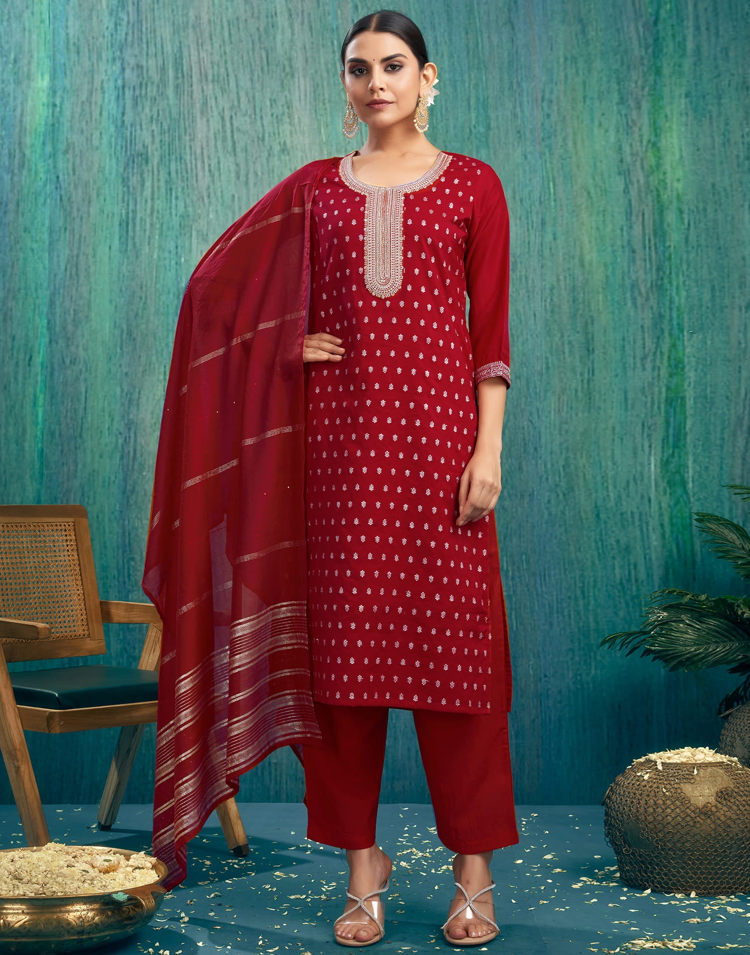 Red Silk Woven Straight Kurta Set With Dupatta