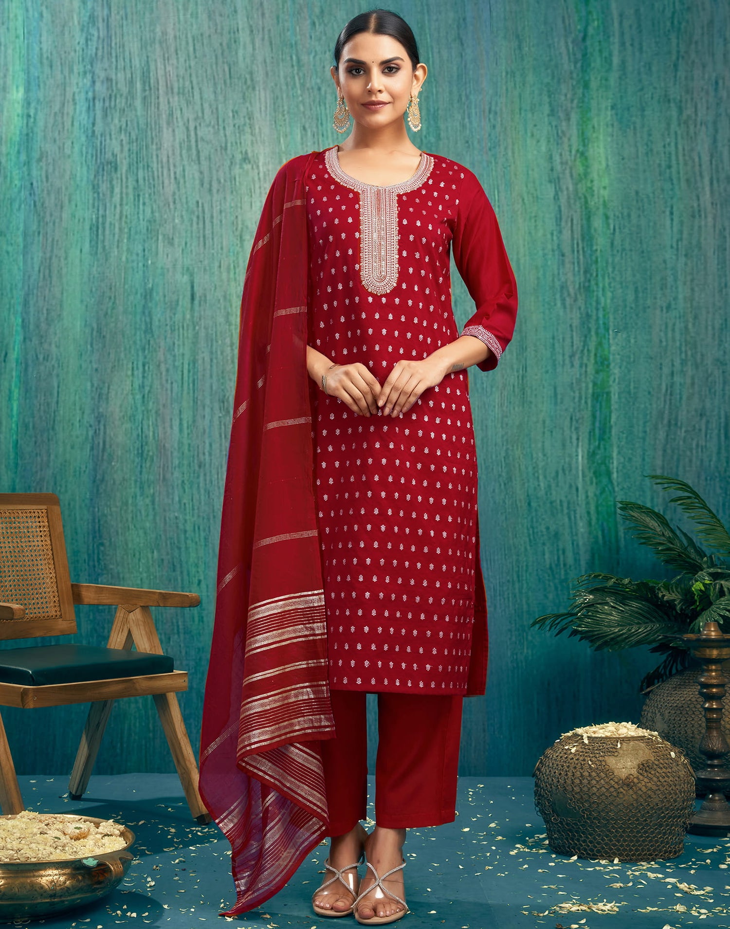 Red Silk Woven Straight Kurta Set With Dupatta