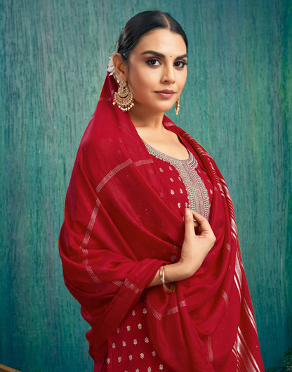 Red Silk Woven Straight Kurta Set With Dupatta