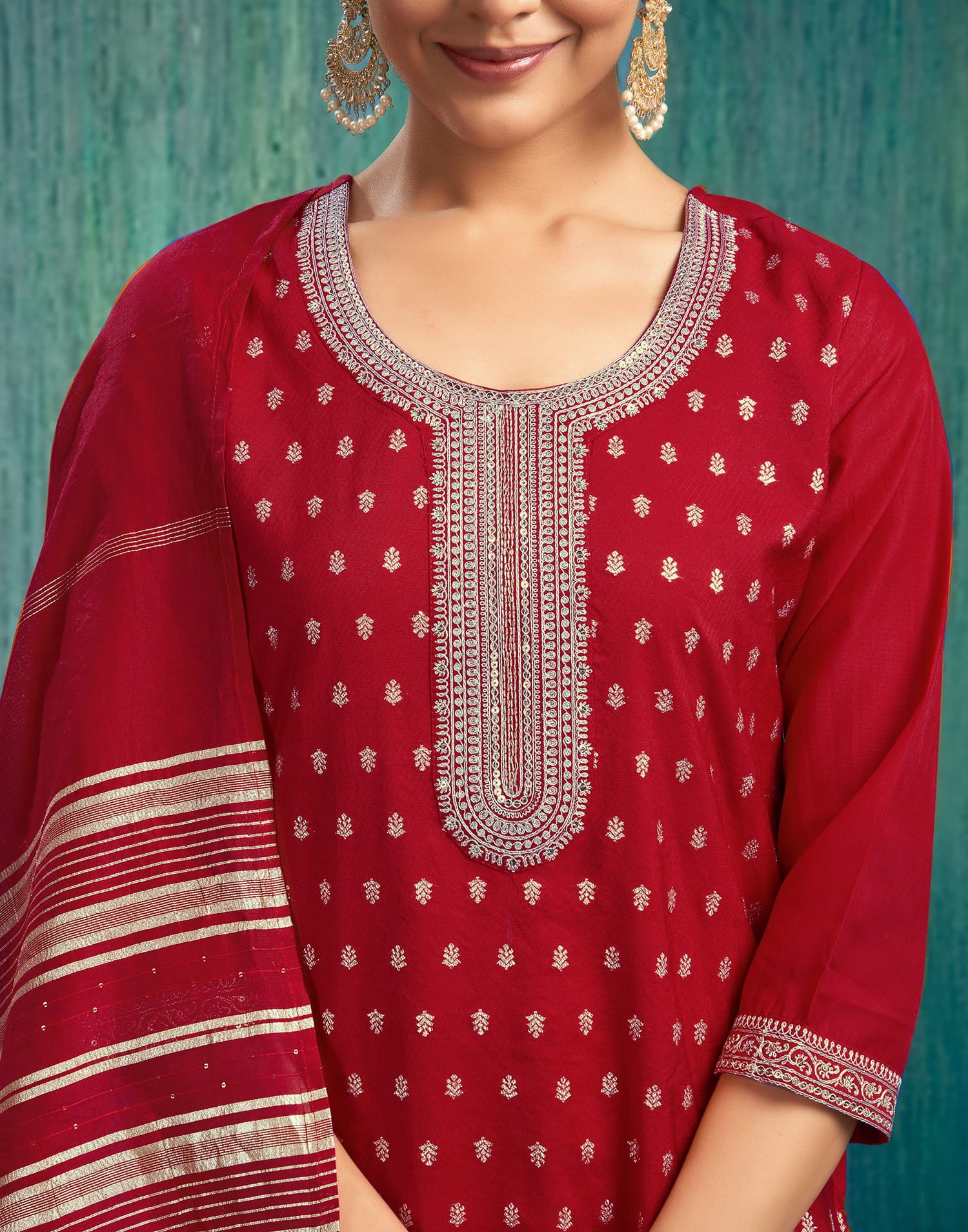 Red Silk Woven Straight Kurta Set With Dupatta