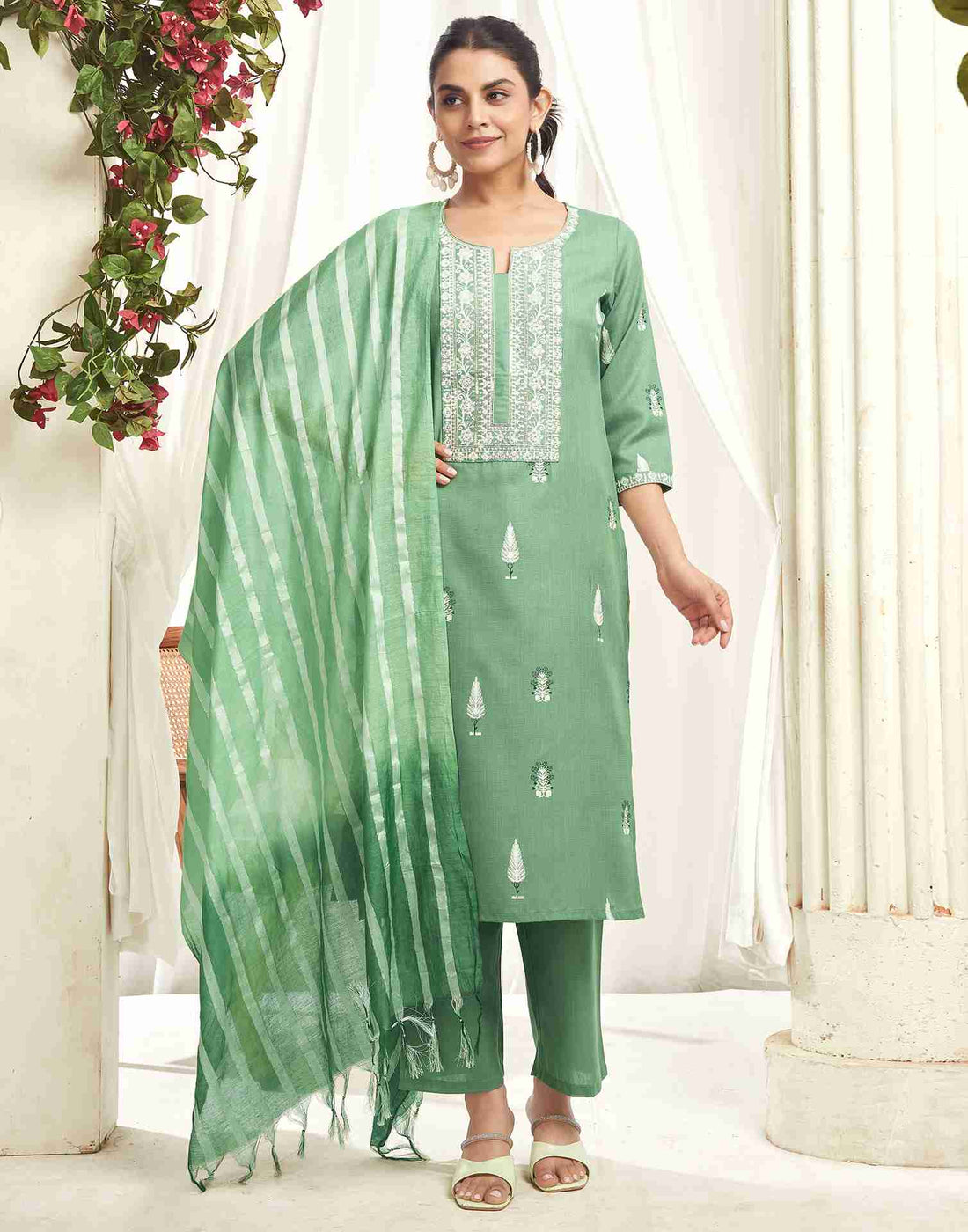 Pista Green Cotton Embroidery Straight Kurta With Pant And Dupatta