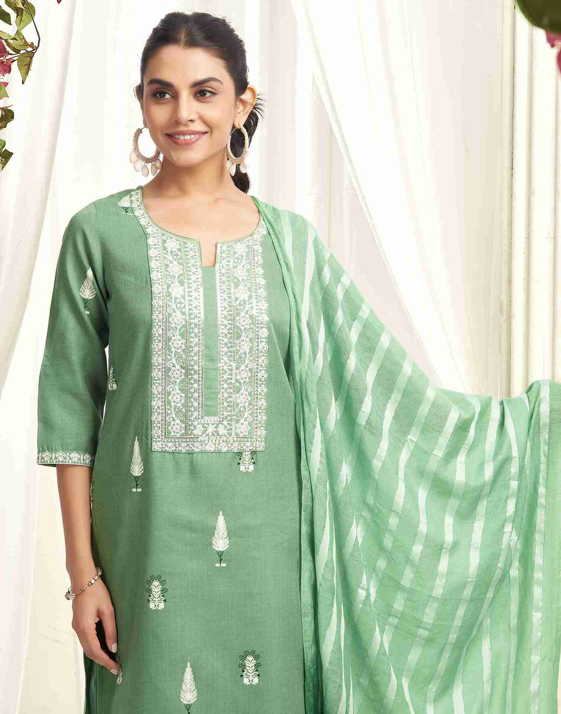 Pista Green Cotton Embroidery Straight Kurta With Pant And Dupatta