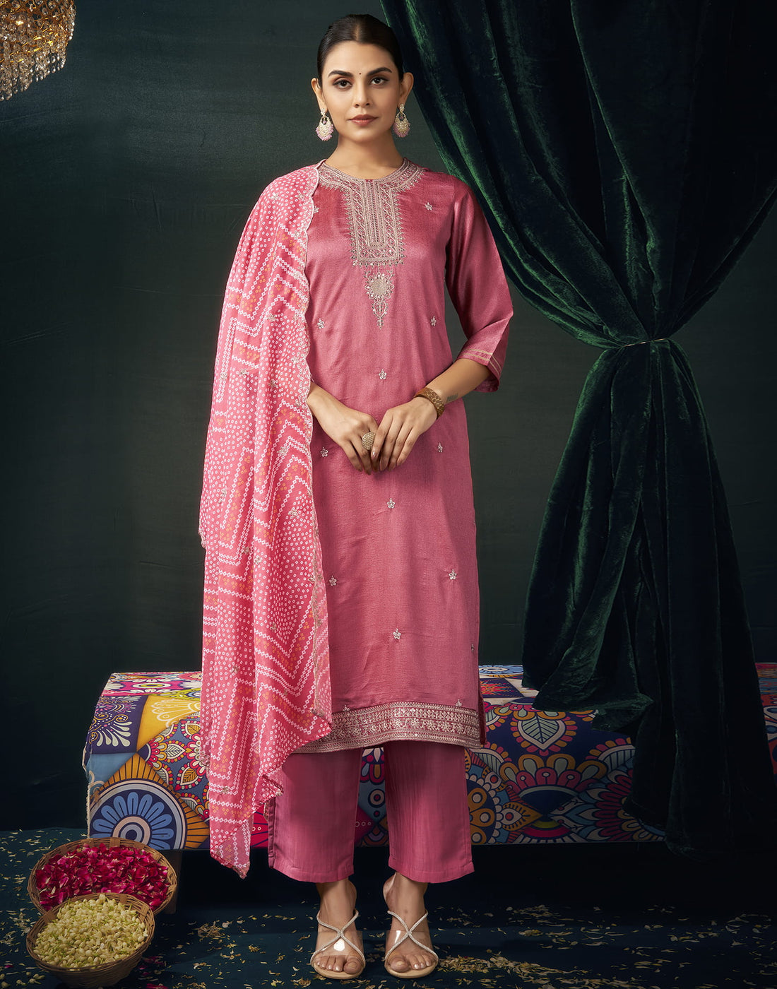 Rough Pink Silk Sequence Straight Kurta Set With Dupatta