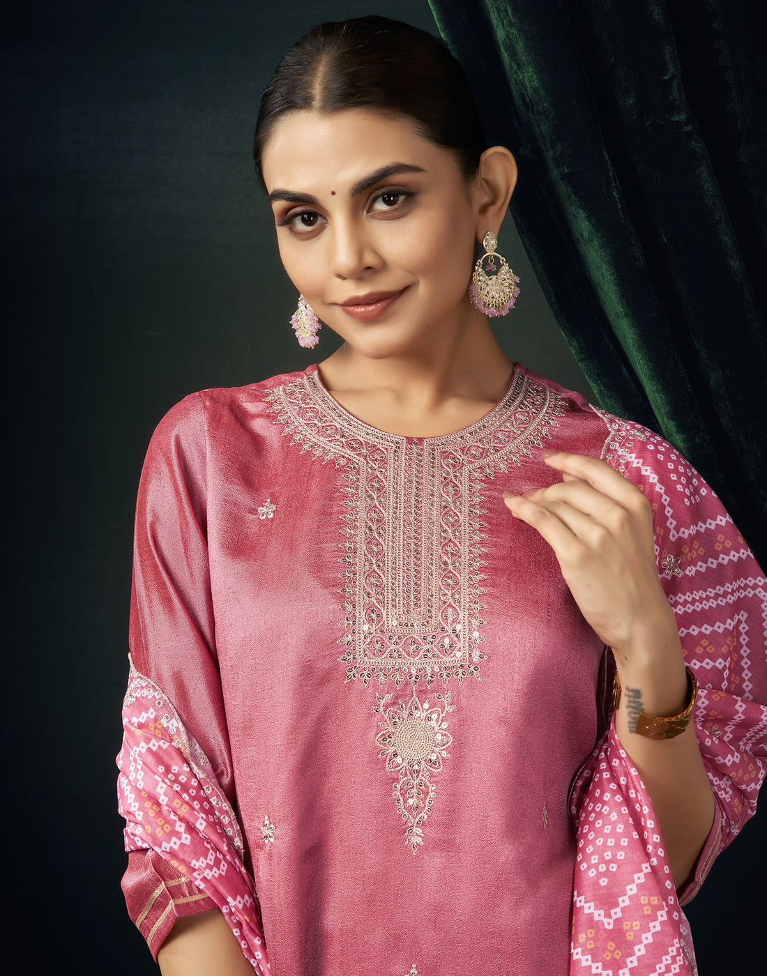 Rough Pink Silk Sequence Straight Kurta Set With Dupatta