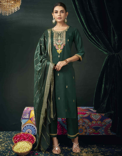 Dark Green Chinnon Sequence Straight Kurta Set with Dupatta