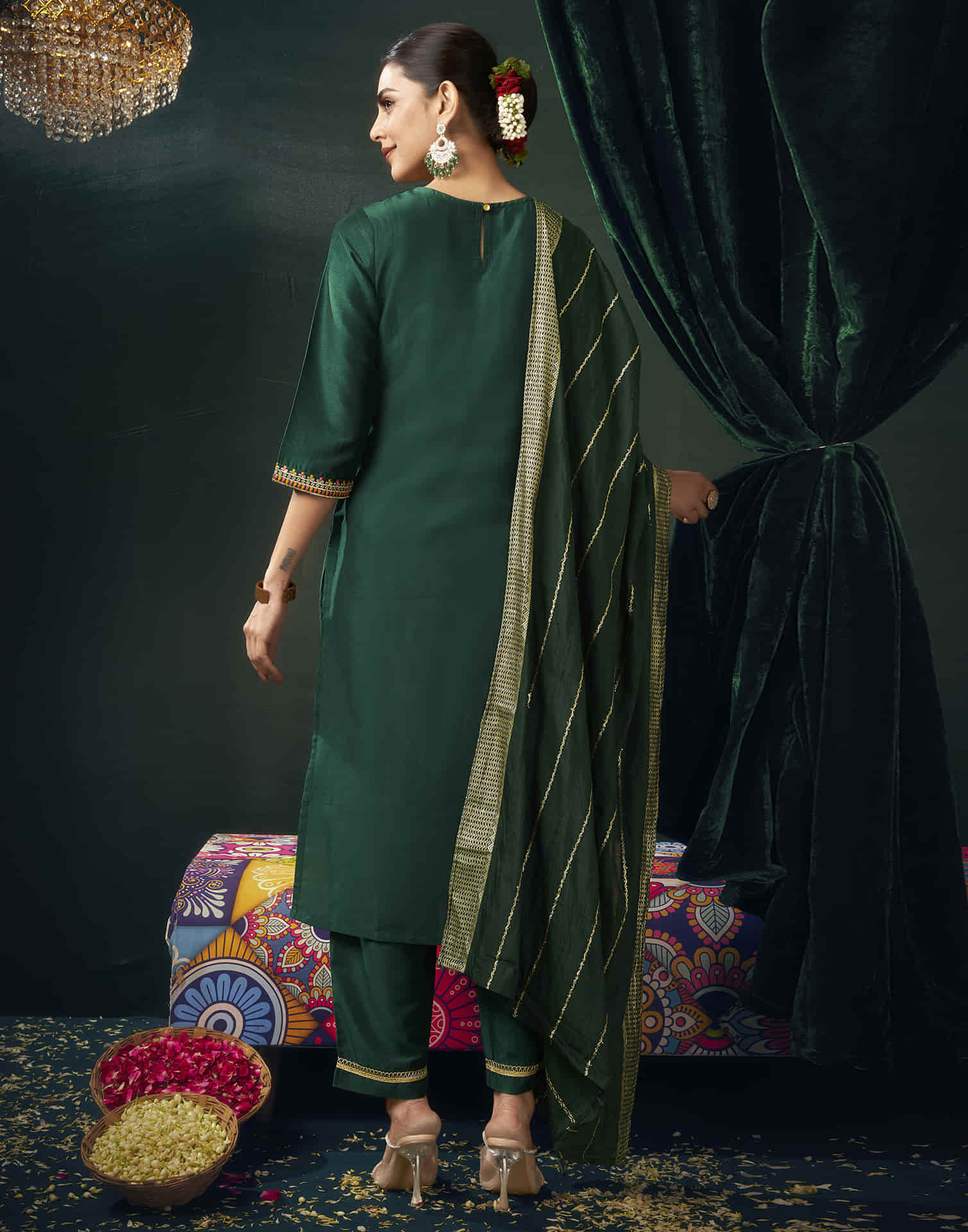 Dark Green Chinnon Sequence Straight Kurta Set with Dupatta