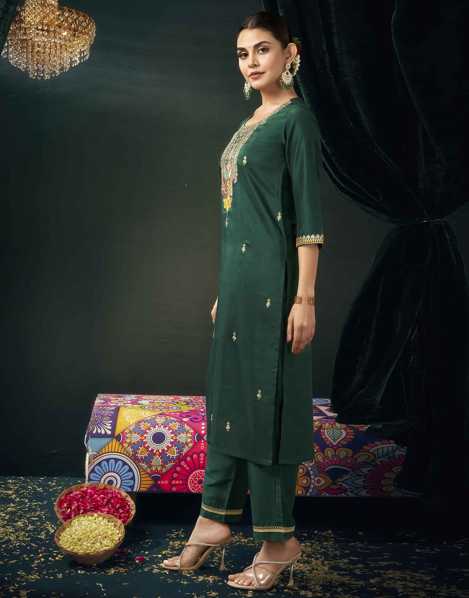 Dark Green Chinnon Sequence Straight Kurta Set with Dupatta