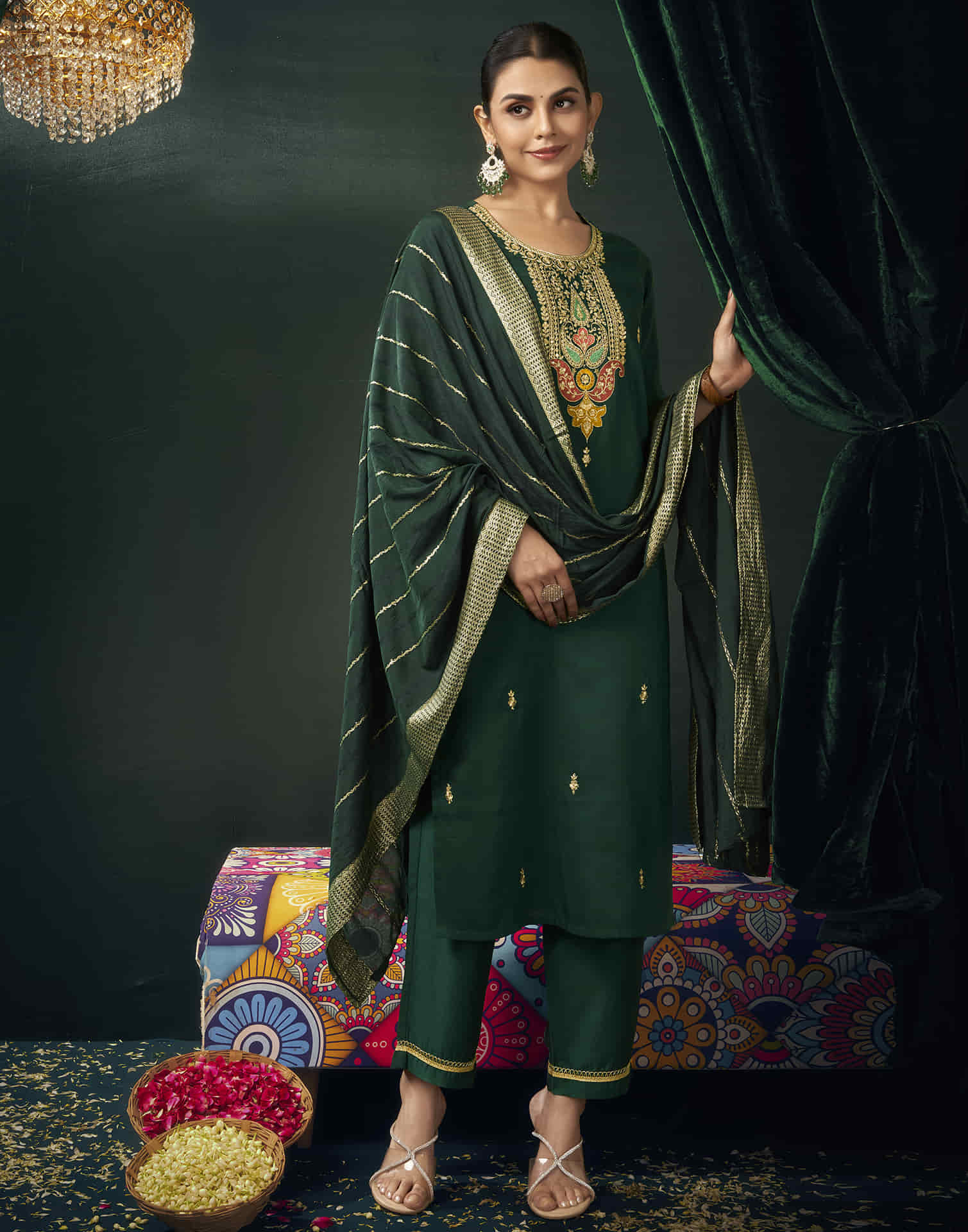 Dark Green Chinnon Sequence Straight Kurta Set with Dupatta