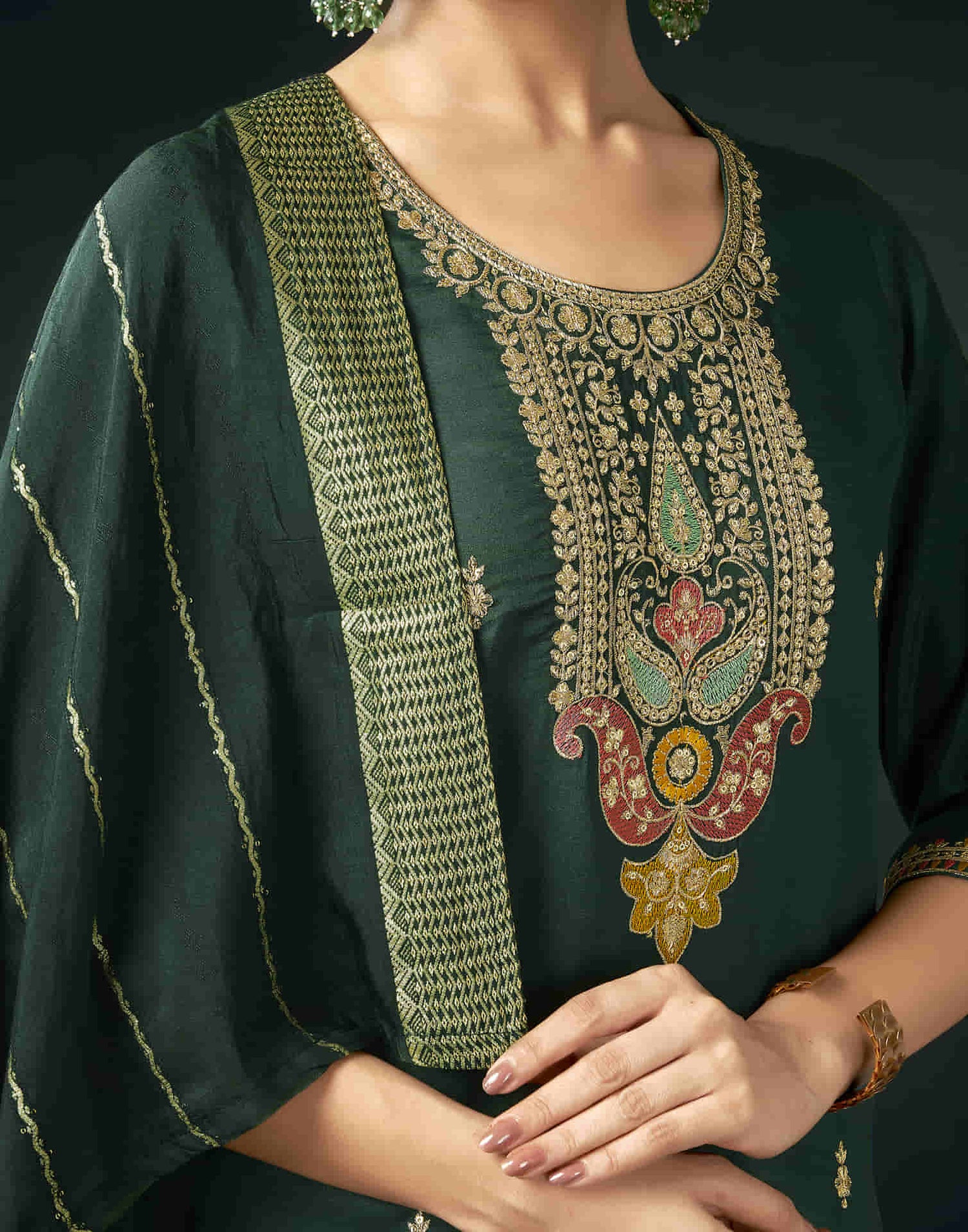 Dark Green Chinnon Sequence Straight Kurta Set with Dupatta