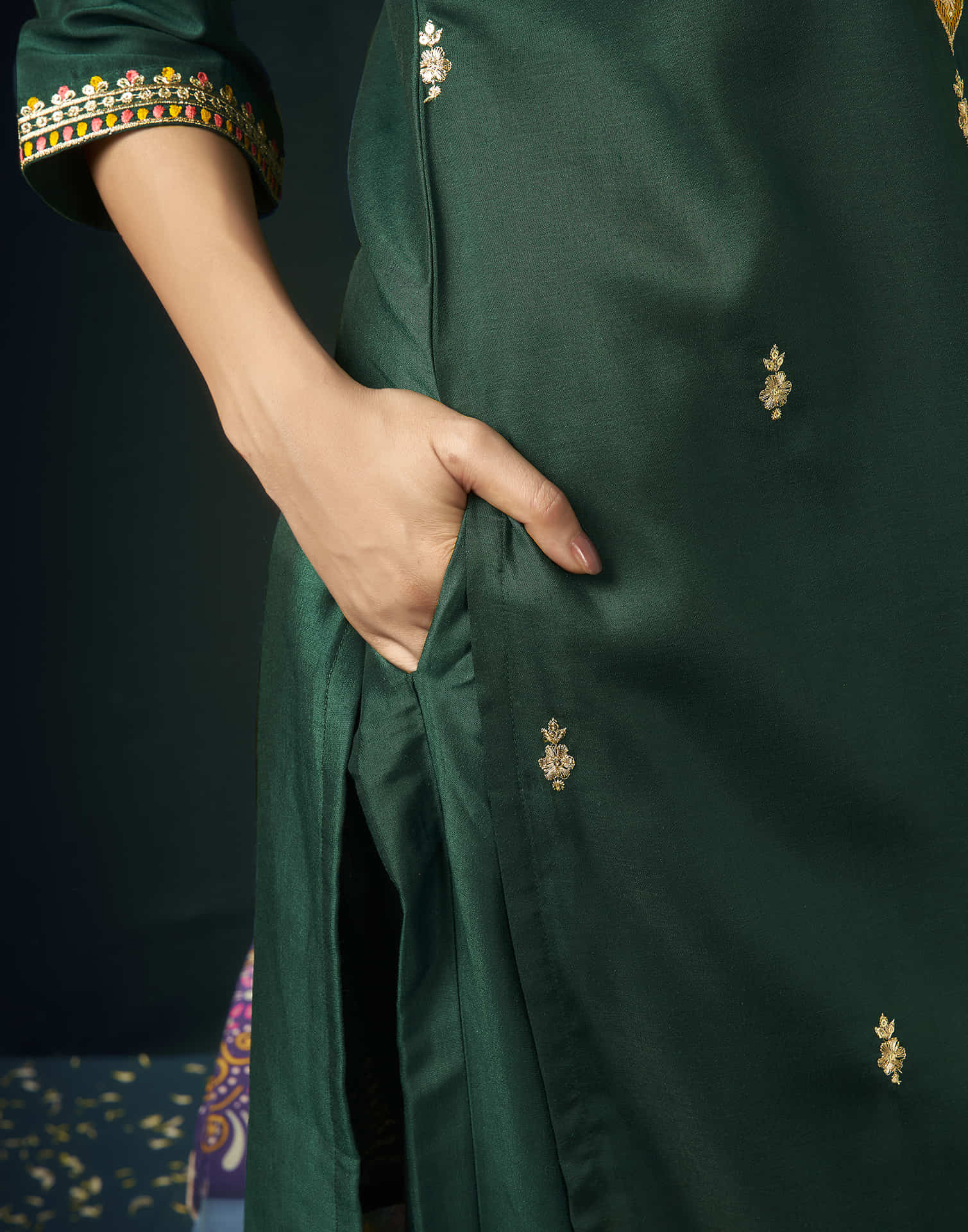 Dark Green Chinnon Sequence Straight Kurta Set with Dupatta