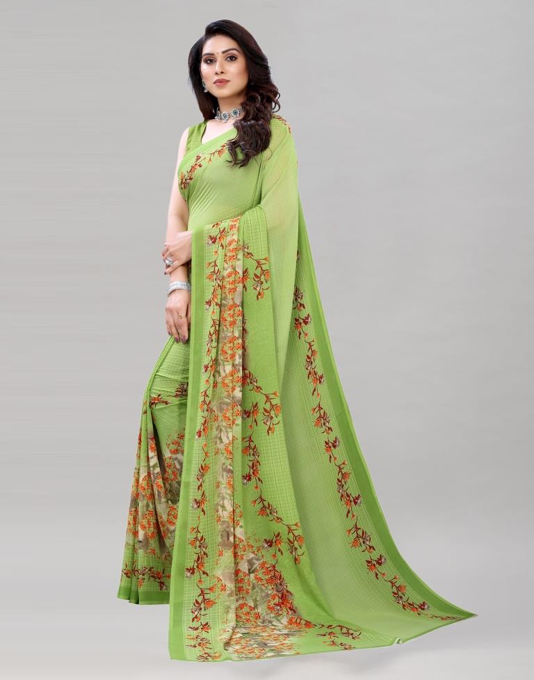 Stupendous Parrot Green Printed Saree | Sudathi