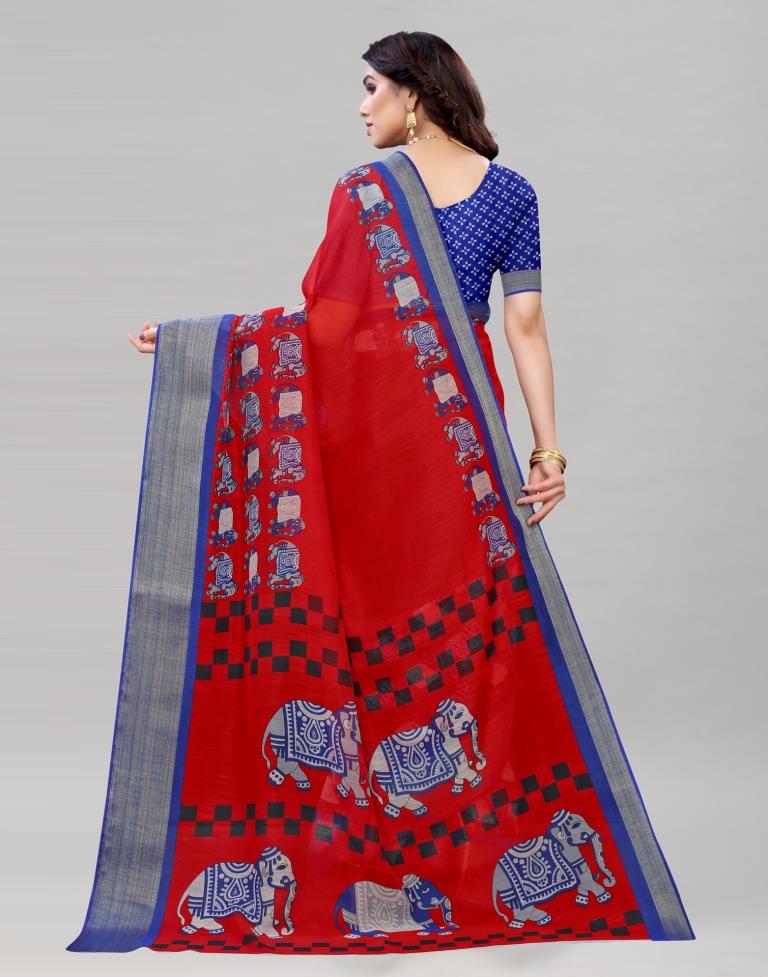 Trendy Red Cotton Printed Saree | Sudathi