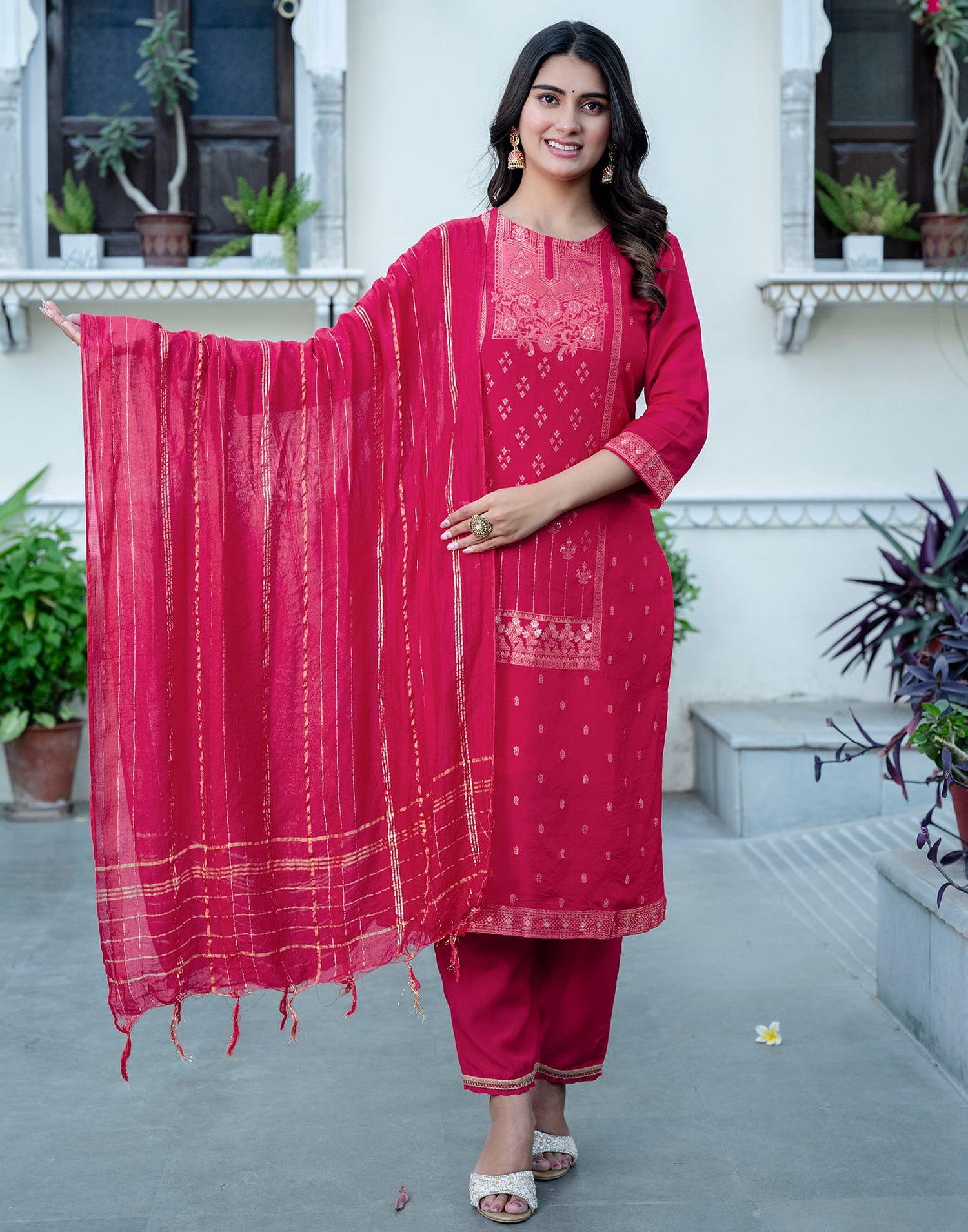 Punch Pink Silk Woven Straight Kurta Set With Dupatta